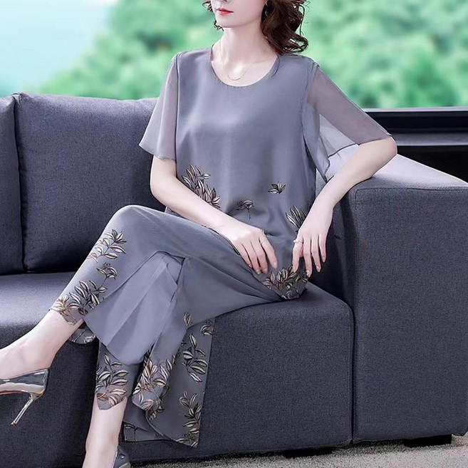지고다그 중년 여성 여름 쉬폰 반팔 자수 상하세트 엄마 고급스러운 외출복 세트 YY30640