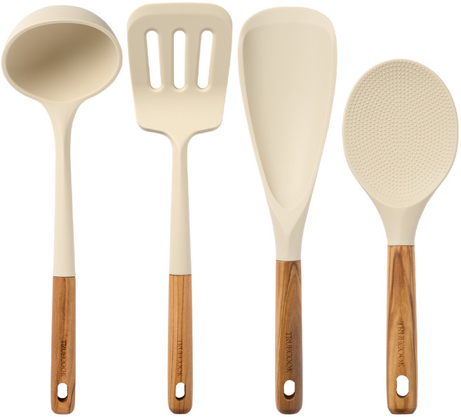 트루쿡 이탈리아산 올리브 실리콘 조리도구 4종 세트, 1세트, 베이지, 국자 + 뒤집개 + 멀티스푼 + 주걱