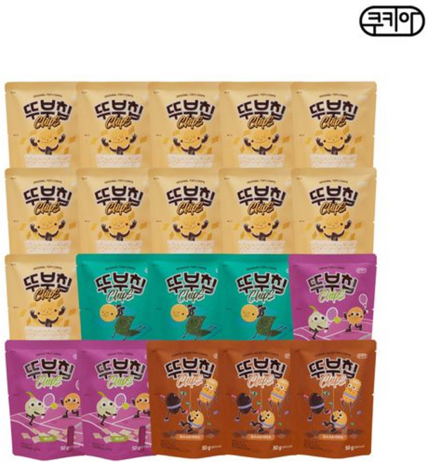 국산콩과 국산밀로 구운 두부과자 뚜부칩 20봉지 세트(오리지널11봉+옥수수카카오3봉+양파맛3봉+김맛3봉), 20개