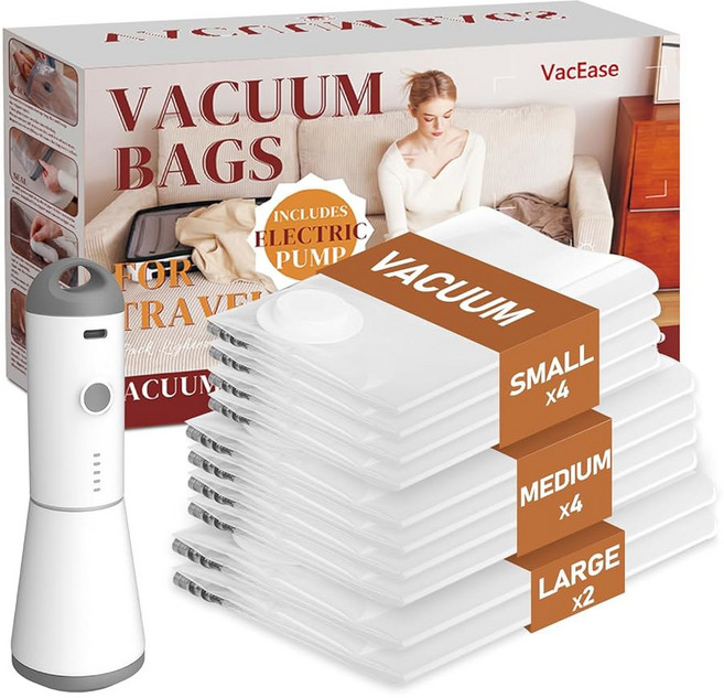 충전식 무선 공기 펌프가 장착된 Vacbird 여행용 진공 가방 의류용 보관 씰 백 12팩(대형 + 4 중형 소형) 의류 여행 가방 수하물용 압축 포장, 10 Combo+Wireless Pump