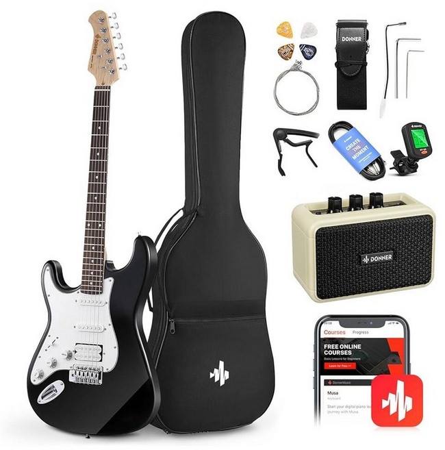 Donner 99.4cm 39인치 왼손잡이 일렉트릭 기타 키트 솔리드 바디 블랙 레프티 초보자 세트 풀 사이즈 앰프 온라인 레슨 백 디지털 튜너 카포 스트랩 스트링 케이블 피크, 39인치 왼손잡이용, 2-블랙