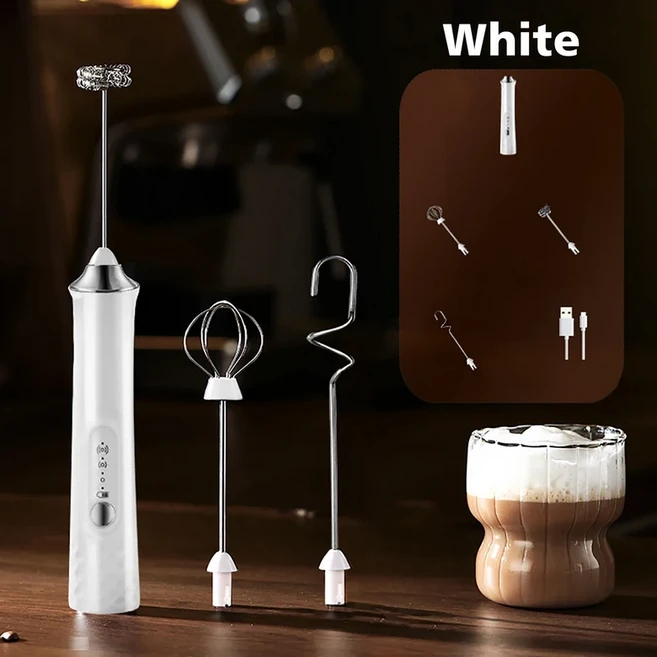 충전식 핸드헬드 밀크 프로더 3단계 속도 조절 미니 핸드헬드 믹서 전기 커피 거품기 이상적인 선물, 02 White 3 Whisk