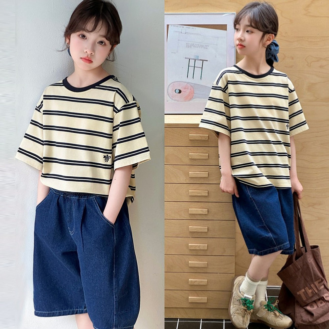 삐삐네옷가게 초등학생 스트라이프 티셔츠 하프진청 데님 상하