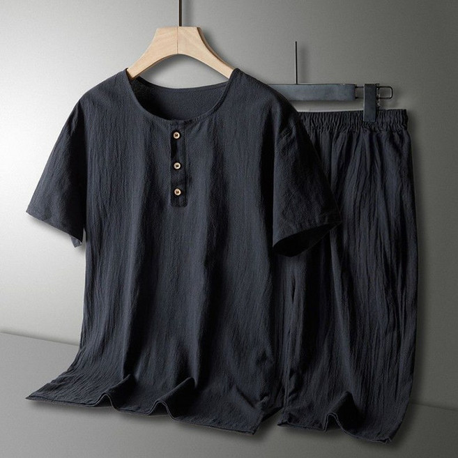 ORZQU 여름 남성 빅사이즈 생활한복 캐주얼 라운드 반팔 티셔츠 와이드 반바지 홈웨어 세트