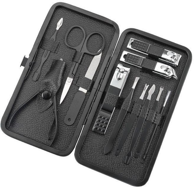 Arsjuo 휴대용 손톱 정리 도구 튀지않는 손톱깎이 12종 세트, 1세트, 블랙