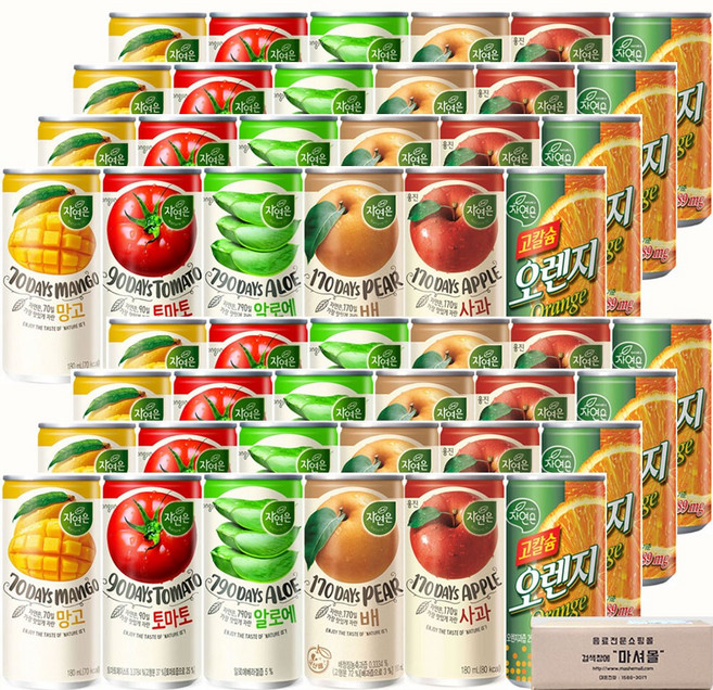 마셔몰 주스세트 자연은망고 알로에 토마토 오렌지 사과 배 6가지맛 각4캔씩, 48개, 180ml