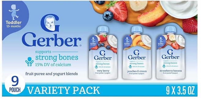 Gerber 이유식 파우치 베리 베리 (3) 복숭아 & 크림 (2) 딸기 바나나 (2) 밸류 팩 과일 및 요거트 유아용 (각 99.2g(3.5온스) (9팩), Gerber 이유식 파우치, 베리 베리 (3), 복숭아