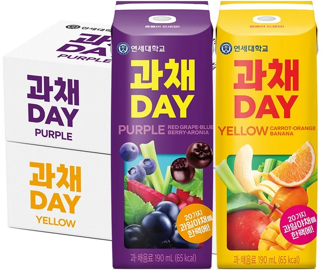 연세유업 과채데이 퍼플+옐로우 190ml 48팩 아침과일주스, 48개 - 쿠팡