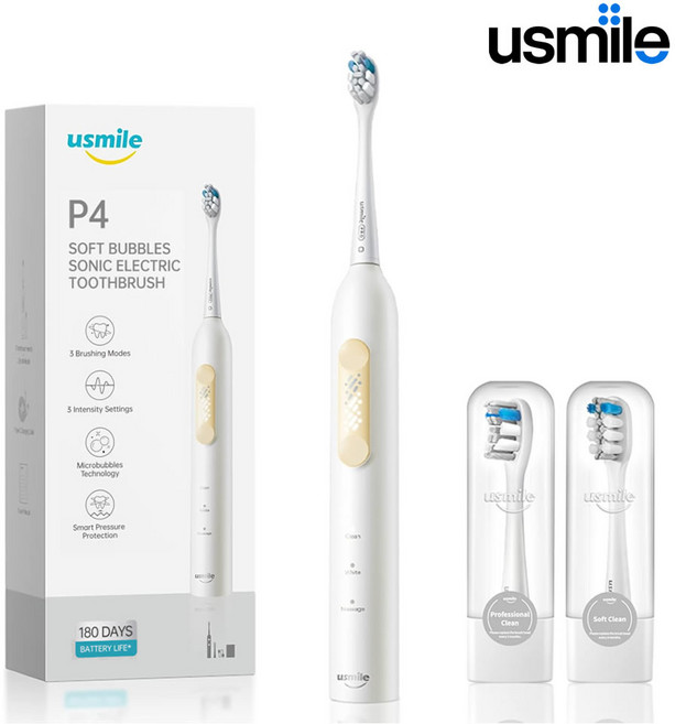 Usmile 유스마일 소프트 버블 완전방수 음파 전동칫솔 P4 (화이트/블루), 화이트 / US0000P4W