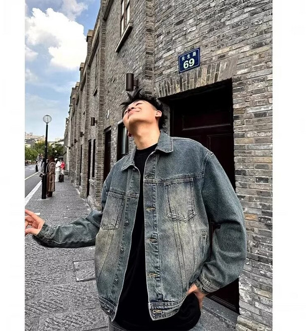 美式復古工裝牛仔外套男高級感痞帥潮流寬鬆水洗做舊休閒夾克衣服