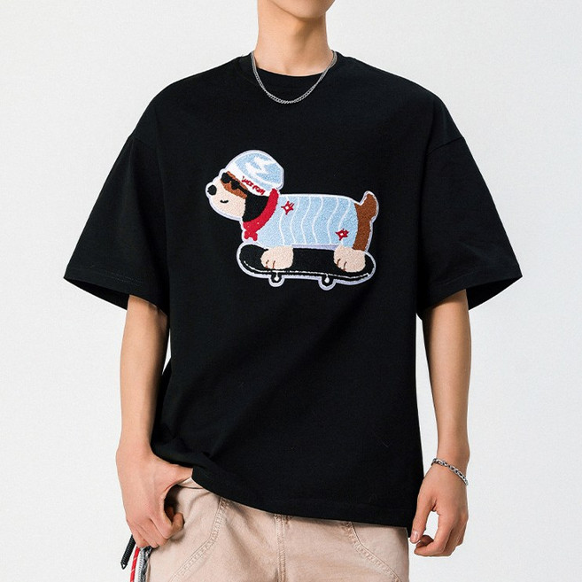 제이피엠 남자 반팔 티셔츠 강아지자수 여름 반팔티 남여공용 기본 루즈핏 오버핏 라운드넥 100%면 95~115size빅사이즈까지 TZ202