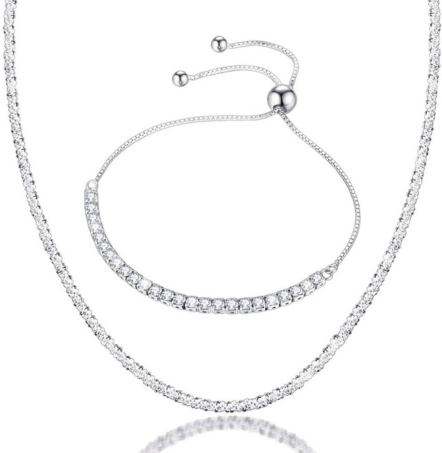 셰하루히 테니스 실버 팔찌 및 목걸이 도금 플래티넘 다이아몬드 섬세 조절 슬라이더 섬세한 초커 스파클 주얼리 패션 세트 여성용