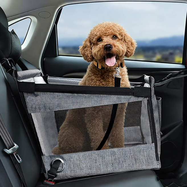 SAIVEINA 반려동물 강아지 고양이 여행용 소중형 차량용 방수 통풍 메쉬 안전 잠금 안락 카시트, 그레이, 1개