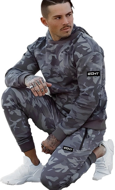 스토리원 남성 2pcs 트레이닝 세트 카모 밀리터리 후드티 헬스복 운동복 RKFM-SET03