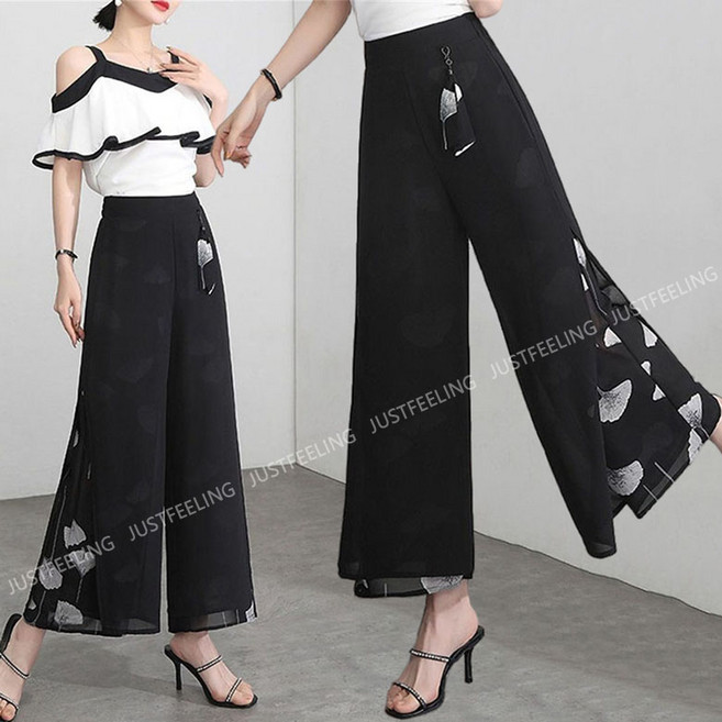 JUSTFEELING M-4XL 여성 봄 여름 하이웨스트 이중 쉬폰바지 캐주얼 트임 날씬해보이는 찰랑찰랑 쉬폰 9부 통바지 팬츠