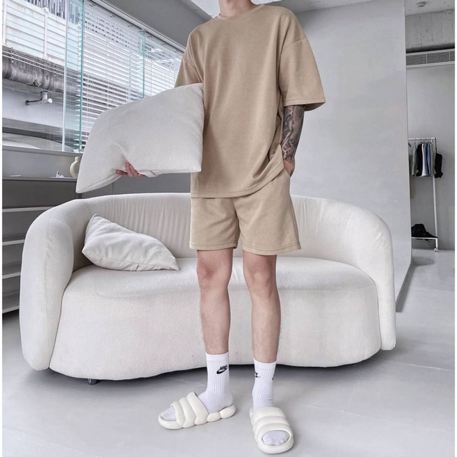 【OPB】重磅太空棉套裝 情侶款 男女皆可 居家外出必備, 卡其色 (套裝),M, 1個