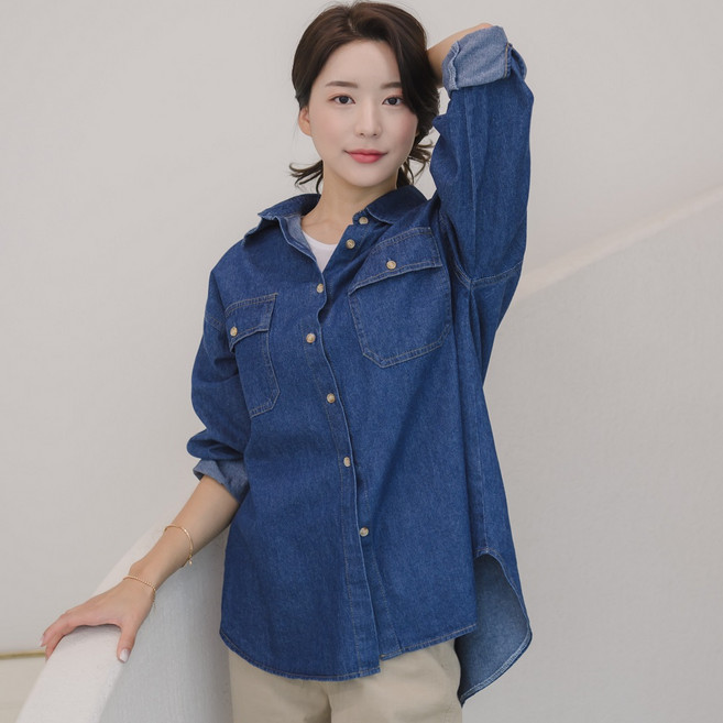 유니스 언발란스 오버핏 데님셔츠 청남방 레이어드 데일리룩