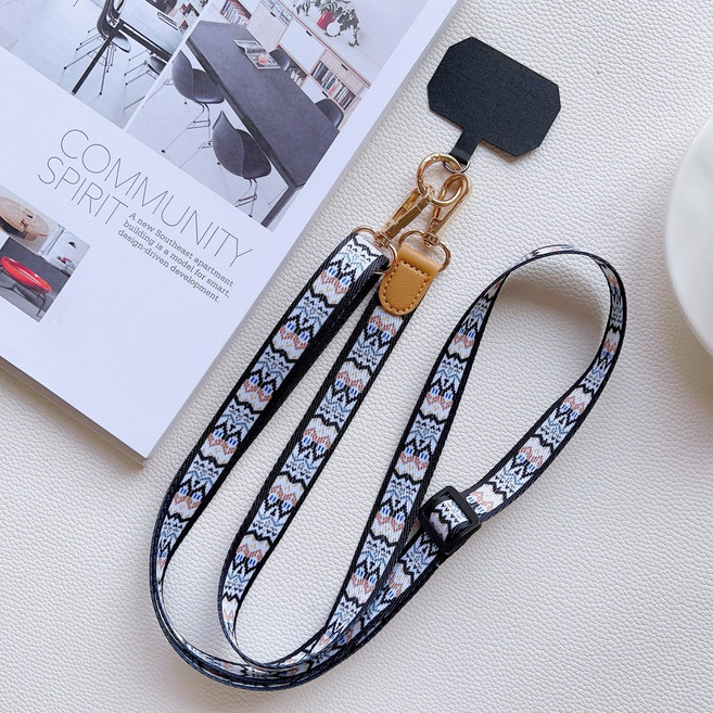 復古文藝手機掛繩 花花, 花紋 黑白棕長繩+黑色大卡片, 1個