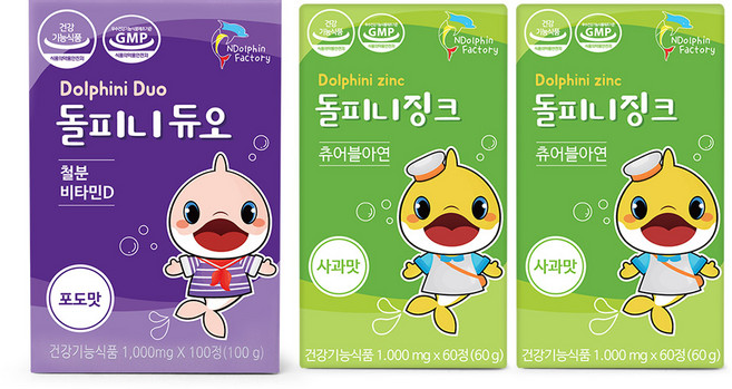 엔돌핀팩토리 돌피니 듀오 철분 비타민D 포도맛 + 징크 츄어블아연 사과맛 2p 세트, 2세트