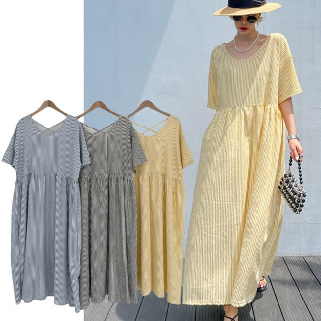 렛잇샤인 빅사이즈 렌마 스트라이프 여름 홈웨어 캐쥬얼 엑스자 끈 반팔 롱원피스