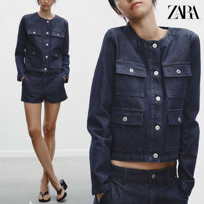 ZARA 자라 여자 청자켓 TRF 포켓 데님 트위드 점퍼 6929