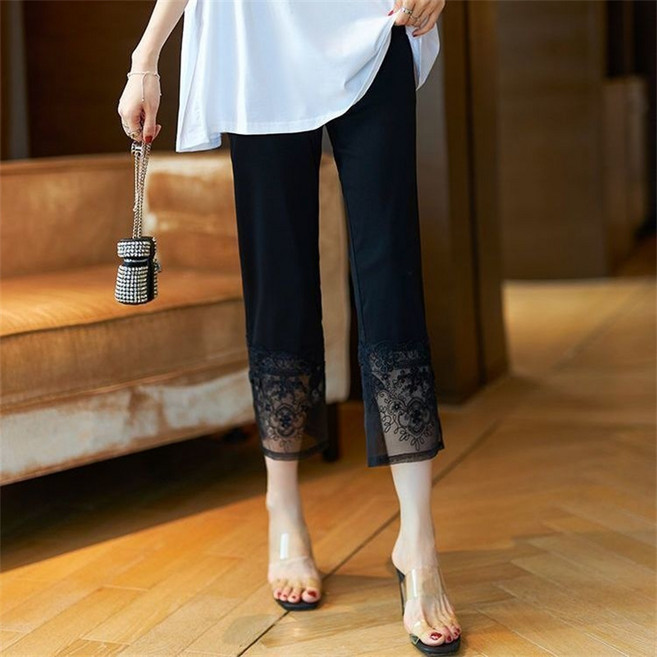 AOKADA 여성 여름 와이드 레이스 7부 바지 일자 스판 매듭단추 레트로 카프리 팬츠