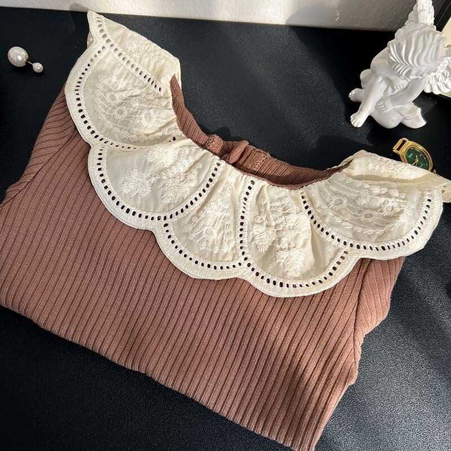 女童打底上衣 春秋新款蕾絲花邊兒童豎紋純色彈力長袖T恤