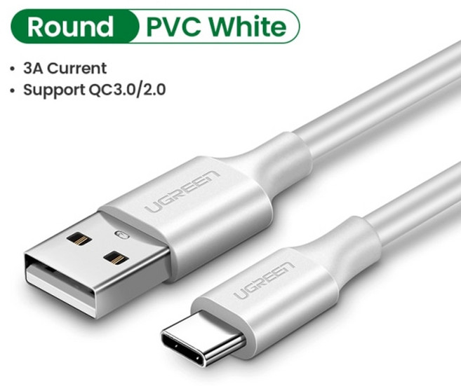 ugreen 3a usb type c 케이블 poco x3 pro samsung s21 s20 빠른 충전 3.0 usb c 케이블 고속 충전 데이터 전화 충전기, PVC 흰색 × 1m, PVC 흰색 × 1m × 협력사 × 1개, 1개