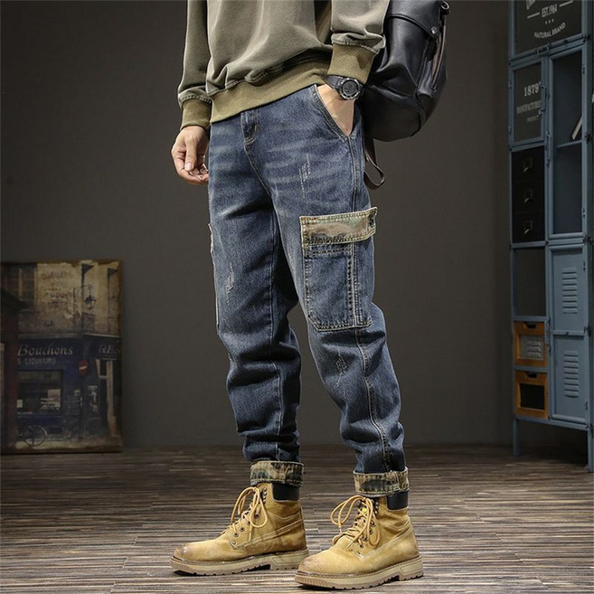TKX 남성 캐주얼 데님 카고 팬츠 스타일 와이드핏 다중 포켓 작업복 바지 활동성 좋은 일상용 청바지