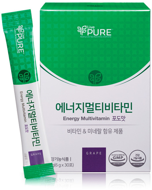 리브퓨어 에너지 멀티비타민 180g (열대과일맛/포도맛) + 새부리마스크 2매 증정, 30포, 1개, 6g