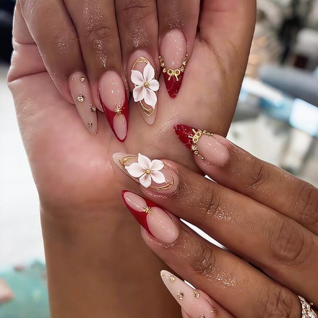 Plalely Almond Press on Nails Medium White Fake Nail Cute Flowers Print Acrylic ons Y2K Stick for, Clear16