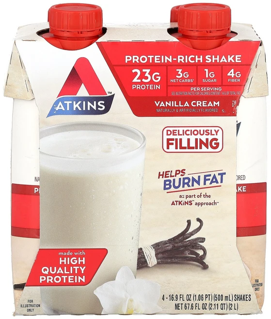 Atkins 단백질이 풍부한 셰이크 바닐라 크림 4개입 각 500ml(16.9fl oz) Atkins (엣킨스), 바닐라크림 4개입(각500ml), ATK06413, 2L - 쿠팡