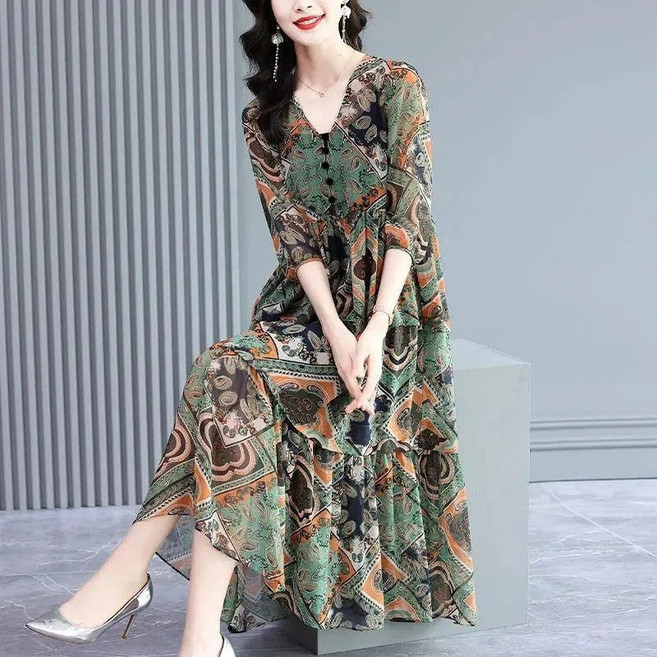 DIU 時尚氣質中老年女裝夏季新款大碼寬鬆顯瘦復古印花短袖連衣裙, M
