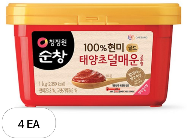 청정원순창 % 현미 태양초 덜매운 고추장 골드, 1kg, 4개
