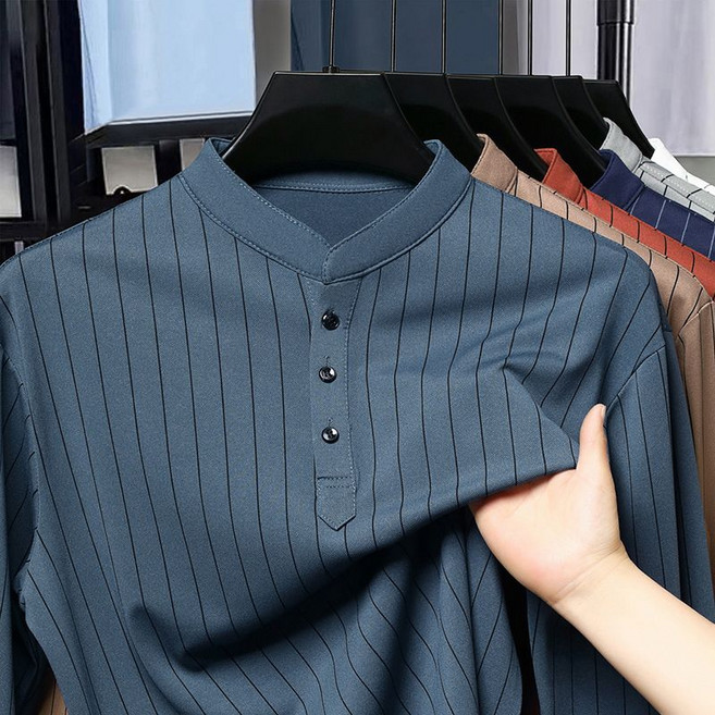 중년 남성 긴팔 티셔츠 캐주얼 봄 가을 긴팔티 루즈핏 사계절 남자 스트라이프 차이나넥 티셔츠 WXY