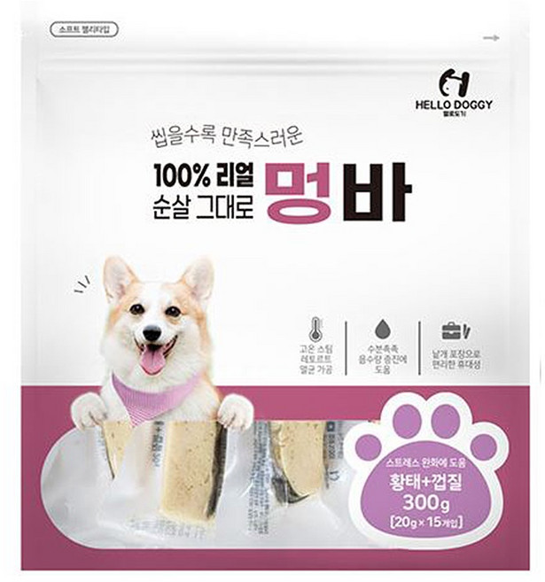 헬로도기 멍바 15개입 노령견 부드러운 낱개 포장 스틱 간식, 황태, 300g, 1개