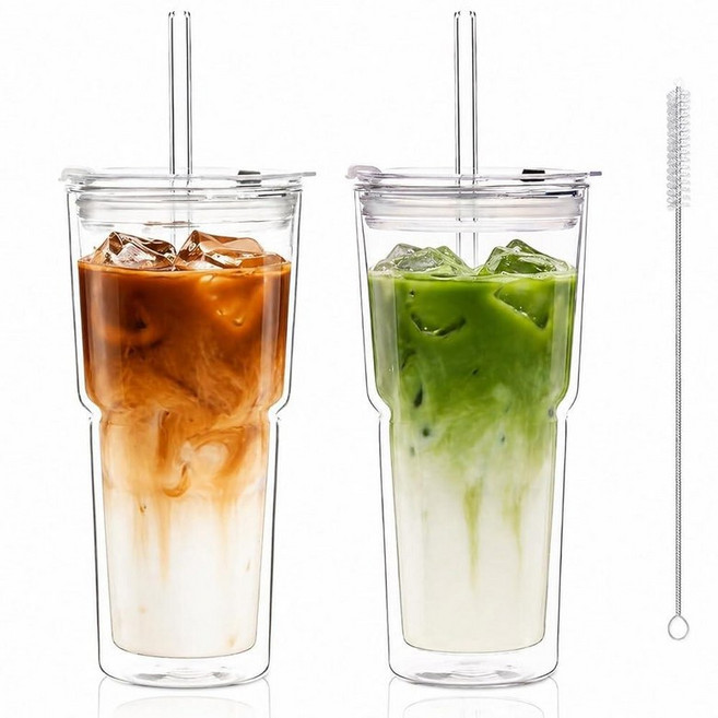 KEMORELA 591.5ml(20온스) 투명 이중벽 유리 컵 2개 뚜껑과 빨대 포함 단열 붕규산 유리 텀블러 내열성 아이스 커피 버블 티 주스를 위한 누출 방지 디, 2PCS