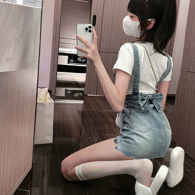 여성 데님 멜빵 원피스 힙업 여성 복고풍 빈티지 디스트로이드 리본 데님 멜빵 원피스 LT