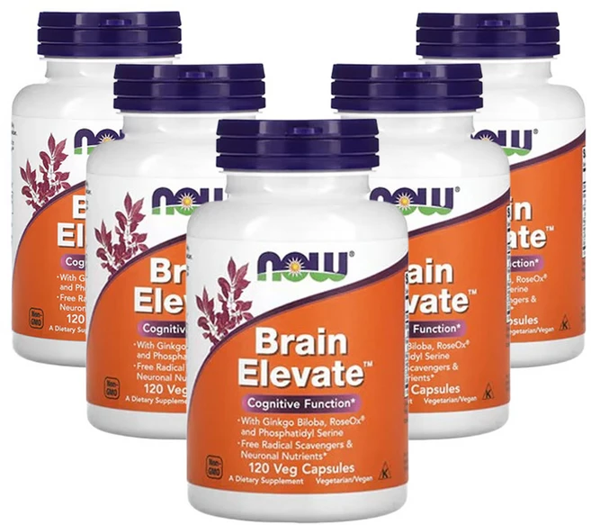 NOW Foods Brain Elevate 베지캡슐120정 x 5 은행나무 Rose 추출물, 120정, 5개 - 쿠팡