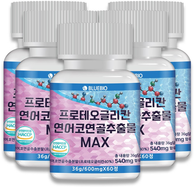 프로테오글리칸 연어코 연골 추출물 MAX 600mg 60정 2형 콜라겐 콘드로이친 글루코사민 류신 함유, 5개