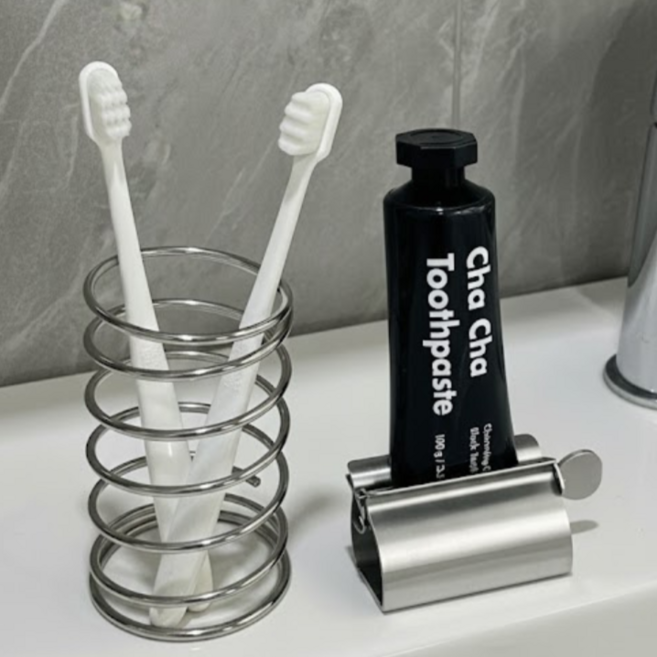 세면대 정리 올 스텐 스프링 홀더 + 치약 디스펜서 세트
