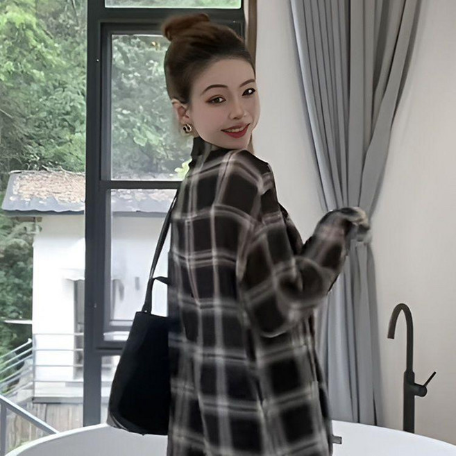 格子襯衫 長袖上衣 甜美百搭休閒寬鬆薄款外套