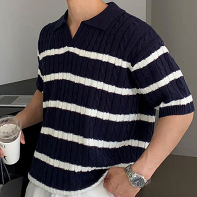 홍언목요 남성 카라넥 니트 반소매 티셔츠 여름 루즈핏 스트라이프 니트 반팔티