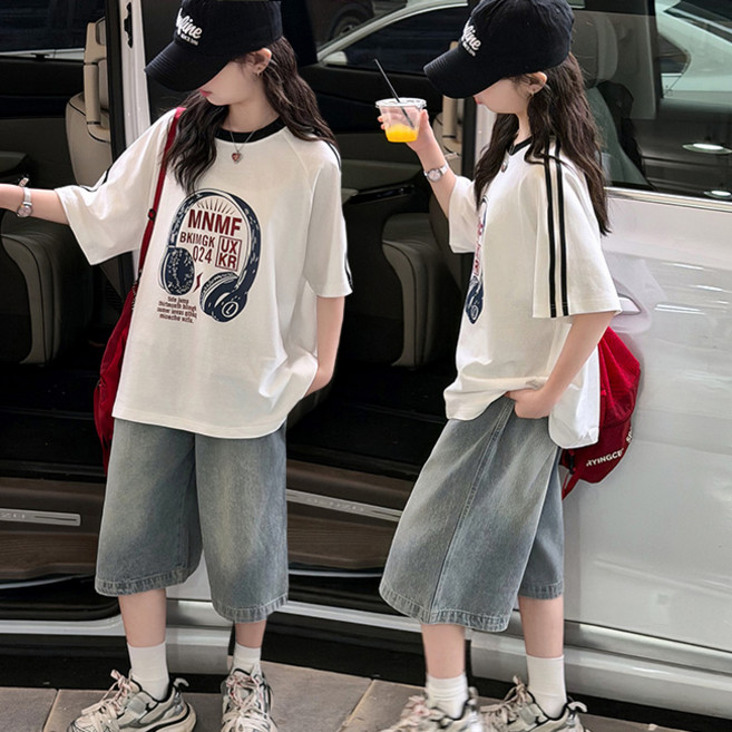 비비키드 주니어 상의 초등생 하의 세트 MNMF 헤드셋 프린팅 삼선 여아 여름 세트 초중생 반팔티 데님 반바지 초등생 상하세트 (77549)