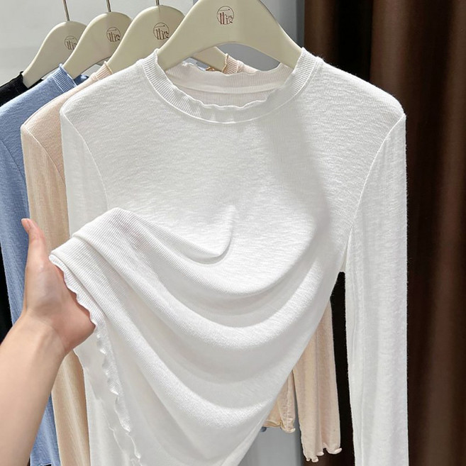 ROYALBELLE 여성 프릴 라운드넥 긴팔 슬림핏 소프트 얇은 골지 이너 니트 티셔츠 K0021019