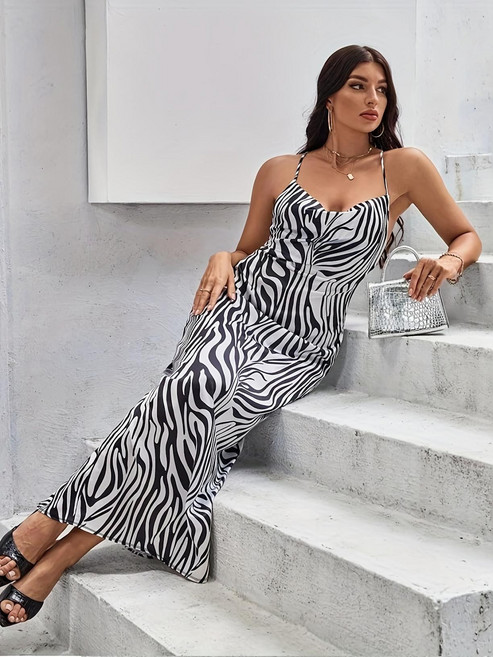 吊帶長裙 斑馬紋印花 無袖連衣裙, GA183-002