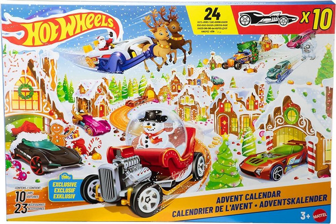 Hot Wheels 장난감 자동차 및 플레이세트 2025 재림절 달력 1:64 스케일의 차량 10개 장식 클립 10개 및 겨울 테마 액세서리 14개 포함, Hot Wheels 장난감 자동차 및 플레이세트, 20