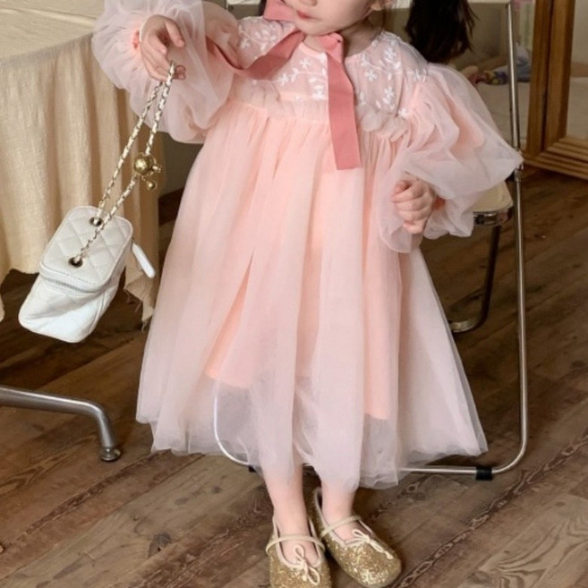 구빠방 아동 오버핏 라운드넥 벌룬소매 셔링 긴팔 원피스