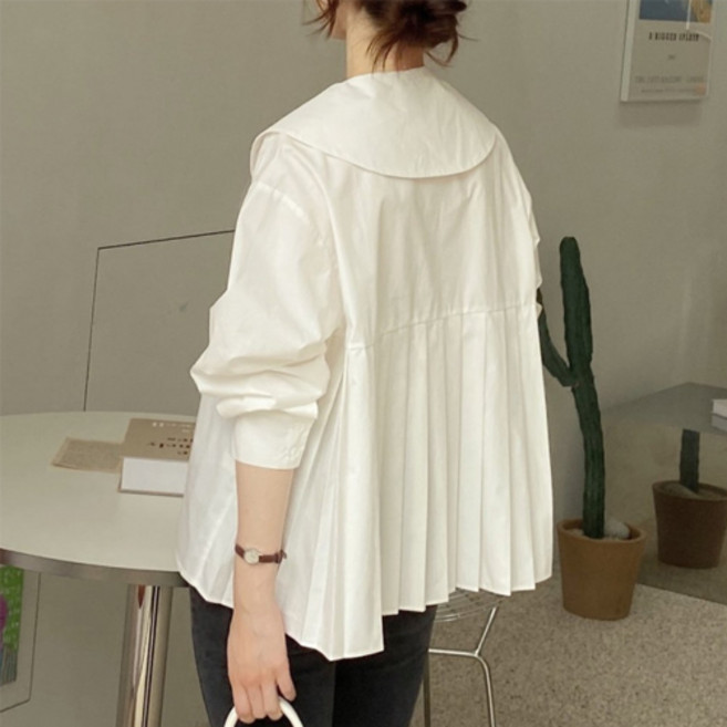 티티웍스 여성 빅 둥근카라 뒷주름 루즈핏 플리츠 드롭숄더 셔츠 블라우스 동안룩 빅사이즈 상의