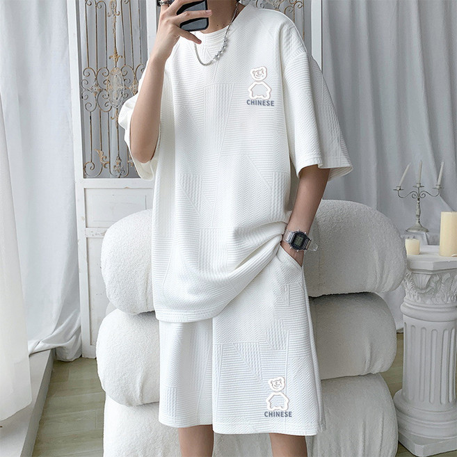 NEW 여름 남자 루즈핏 트레이닝복 세트 데일리 캐주얼 반팔 반바지 세트 남성투피스 와플 츄리닝세트 빅사이즈 운동복세트 상하세트